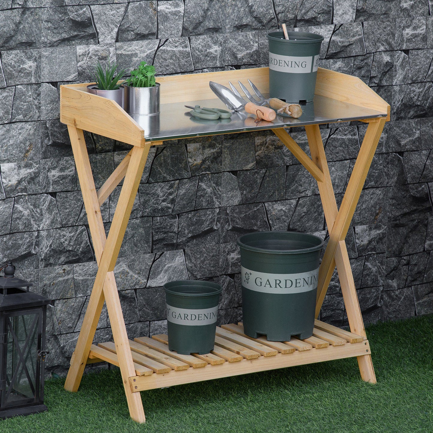 Outsunny Garden Potting Bench Table, Wooden Work Station, Outdoor Planting Workbench w/ Galvanized Metal Tabletop and Storage Shelf | Aosom Canada
