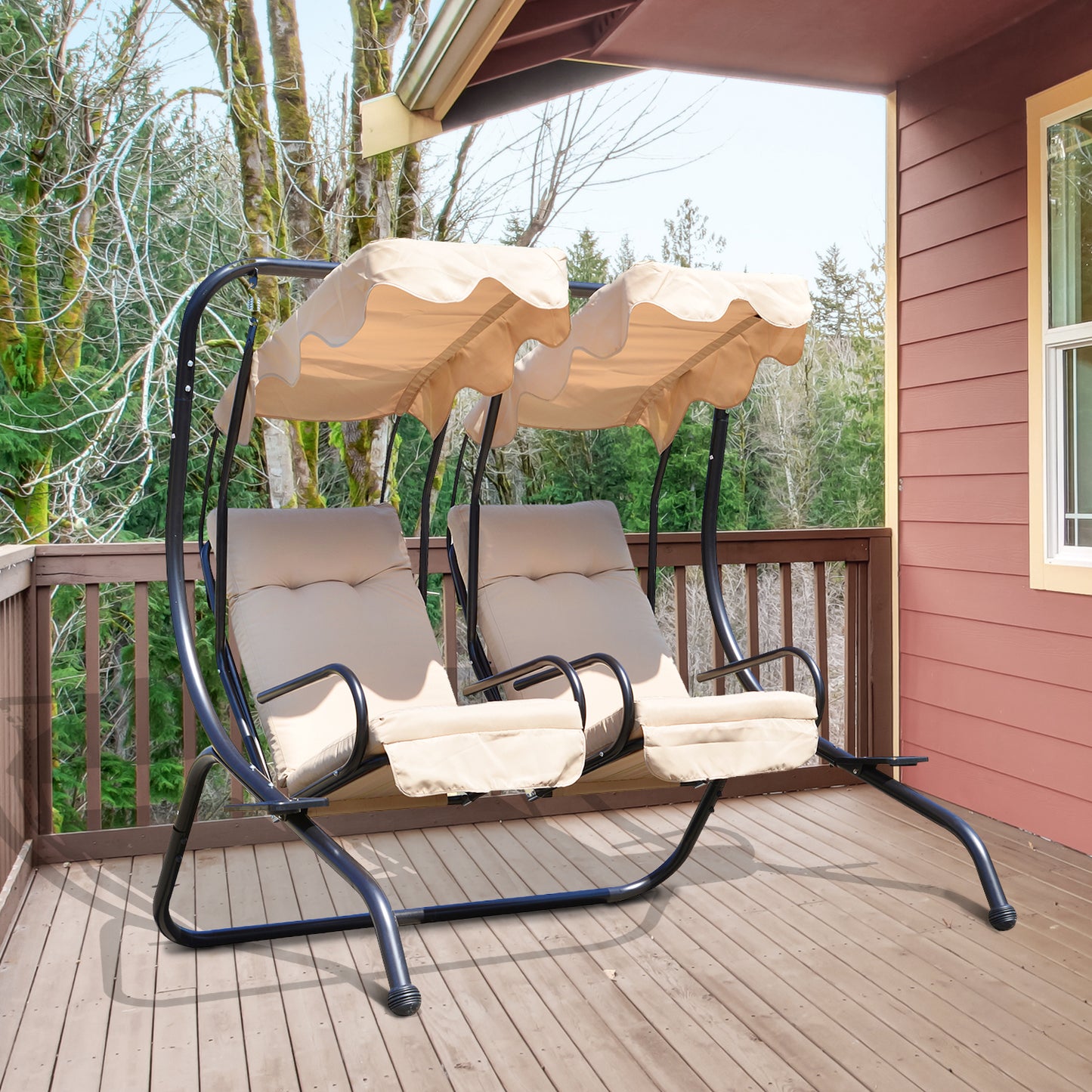 Outsunny Luxury Metal Swing Chair 2 Separated Seater Hammock Heavy-Duty with Canopy and Cushions, Beige | Aosom Canada