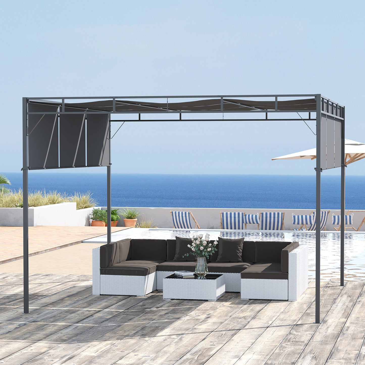 Outsunny 10' x 10' Retractable Pergola Canopy Patio Gazebo Sun Shelter with Steel Frame for Outdoor, Dark Grey | Aosom Canada