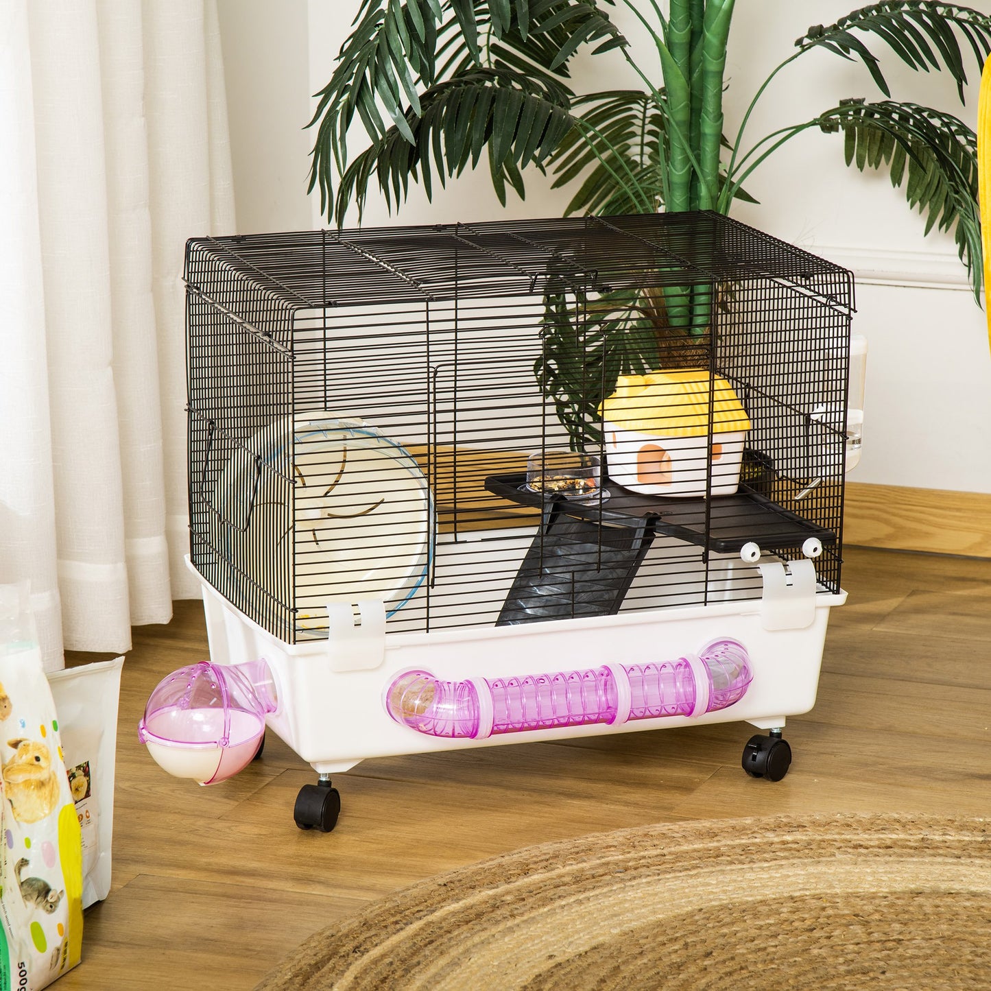 PawHut Hamster Cage, Multi-storey Rodent House, Large Hide-out, w/ Water Bottle, Tubes, Excise Wheel, Food Dish, Ramp, White | Aosom Canada