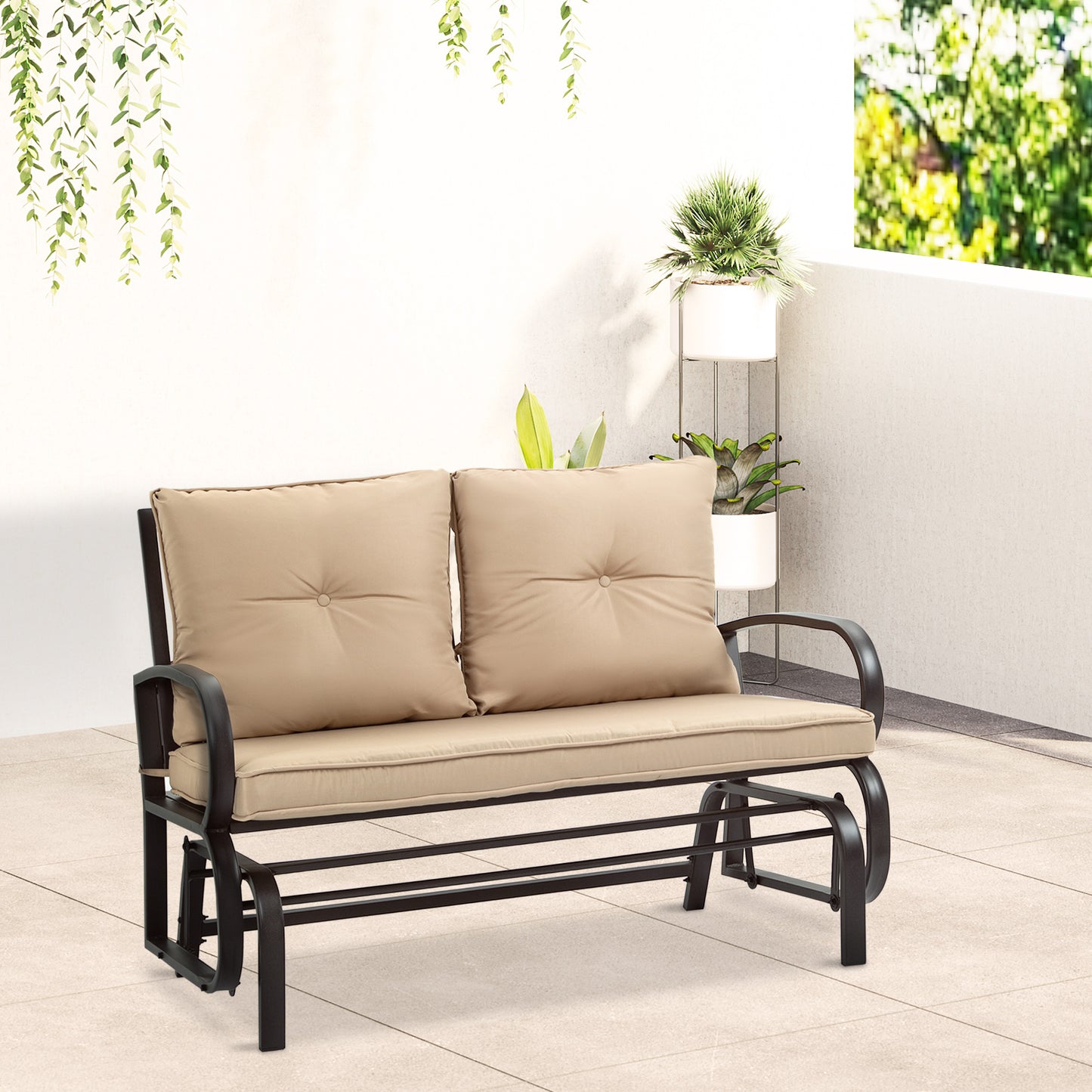 Outsunny 2-Person Outdoor Glider Chair, Patio Double Rocking Loveseat with Steel Frame and Cushions, Khaki | Aosom Canada