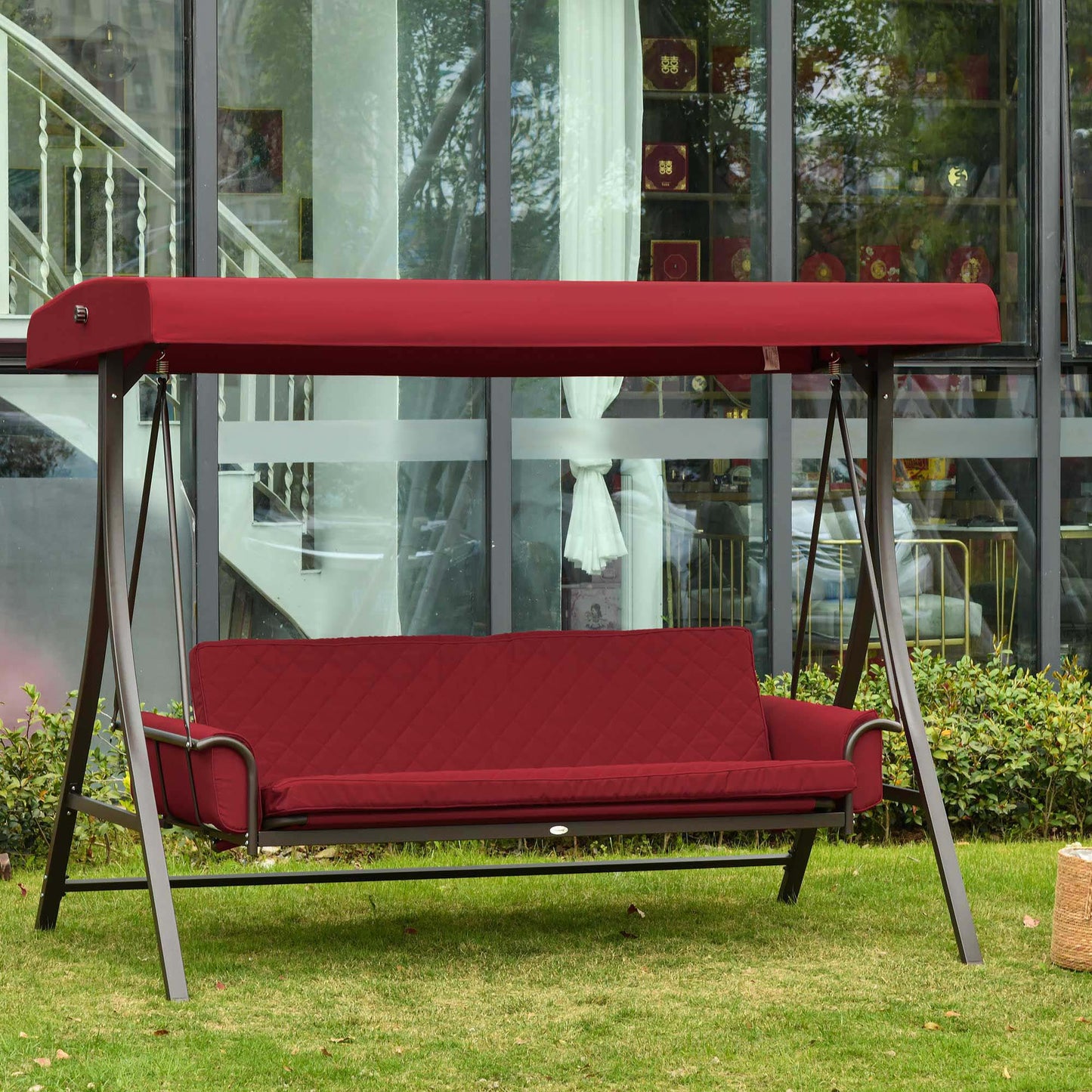 Outsunny 3 Person Patio Swing Chair Bench Hammock Outdoor with Convertible Canopy, Cushion, Pillows for Porch Backyard Garden, Red | Aosom Canada