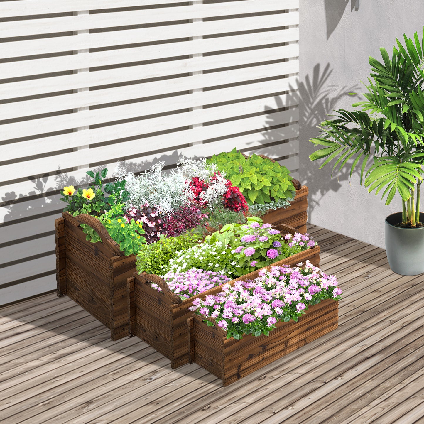 Outsunny 3 Pieces Raised Garden Bed Wooden Rectangular Garden Flower Bed Planter Box W/ Handle | Aosom Canada