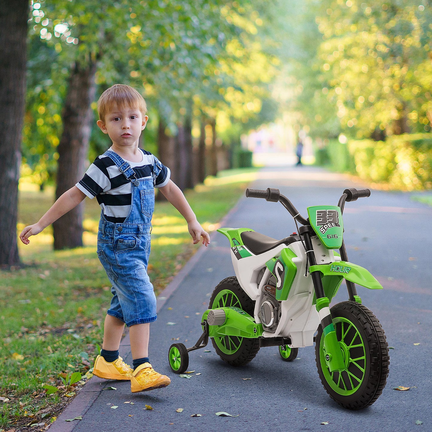 Aosom Kids Dirt Bike Battery-Powered Ride-On Electric Motorcycle with Charging 12V Battery, Training Wheels Green | Aosom Canada