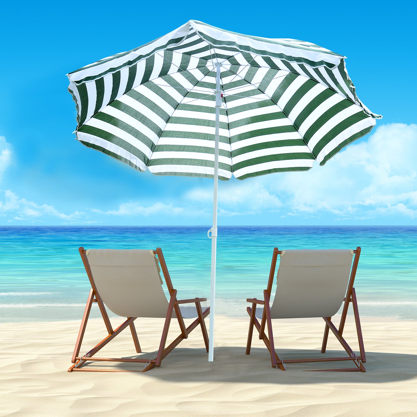 Outsunny 6ft Round Beach Umbrella Outdoor UV Protection Sun Shaded Canopy w/ Push Button Tilt Striped Green | Aosom Canada