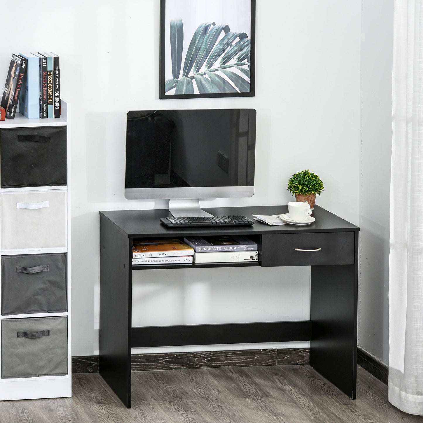 HOMCOM Modern Computer Study Desk Wooden Table Workstation with Drawer & Storage Shelf for Home Office & Study Black | Aosom Canada