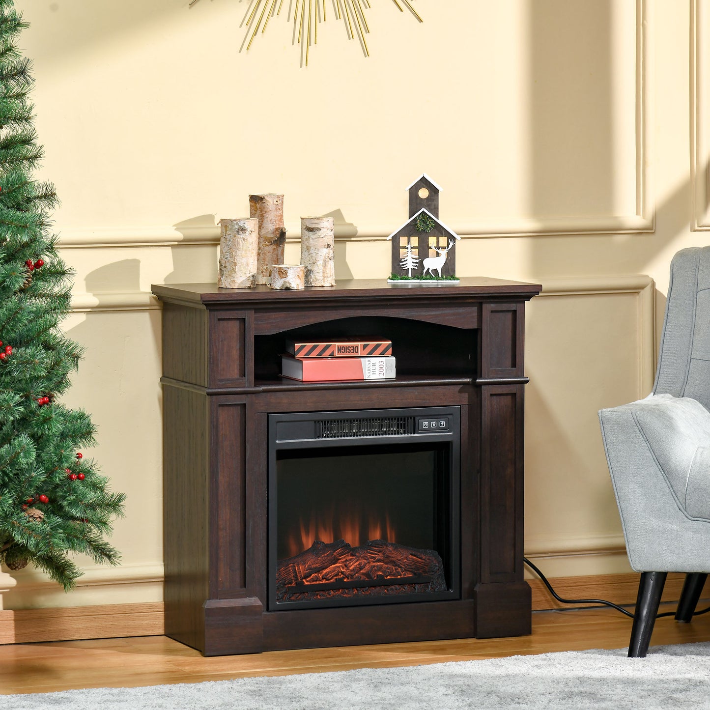 HOMCOM Electric Fireplace with Mantel, Freestanding Heater Corner Firebox with Log Hearth, Shelf and Remote Control, 1400W, Brown | Aosom Canada