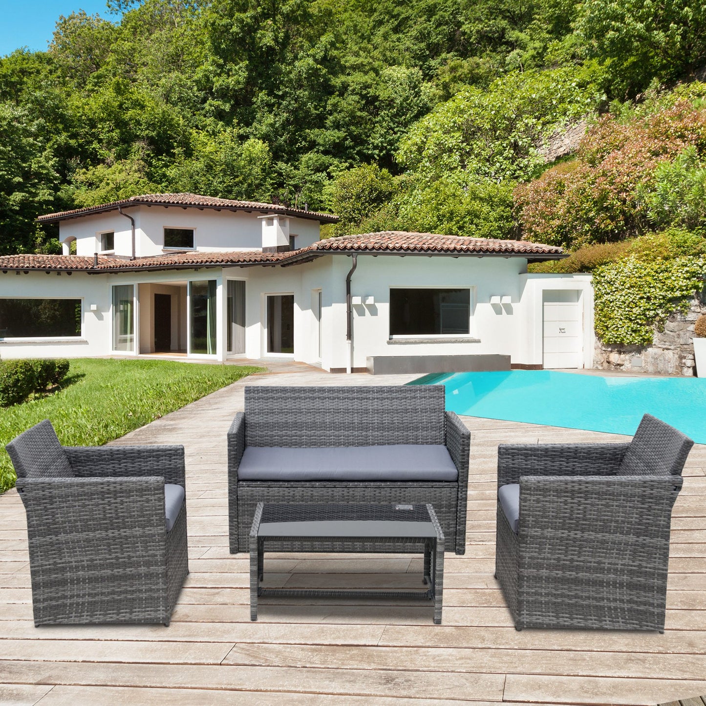 Outsunny 4 pcs Rattan Garden Furniture Set with 2-seater Chairs & Tempered Glass Coffee Table, Grey | Aosom Canada