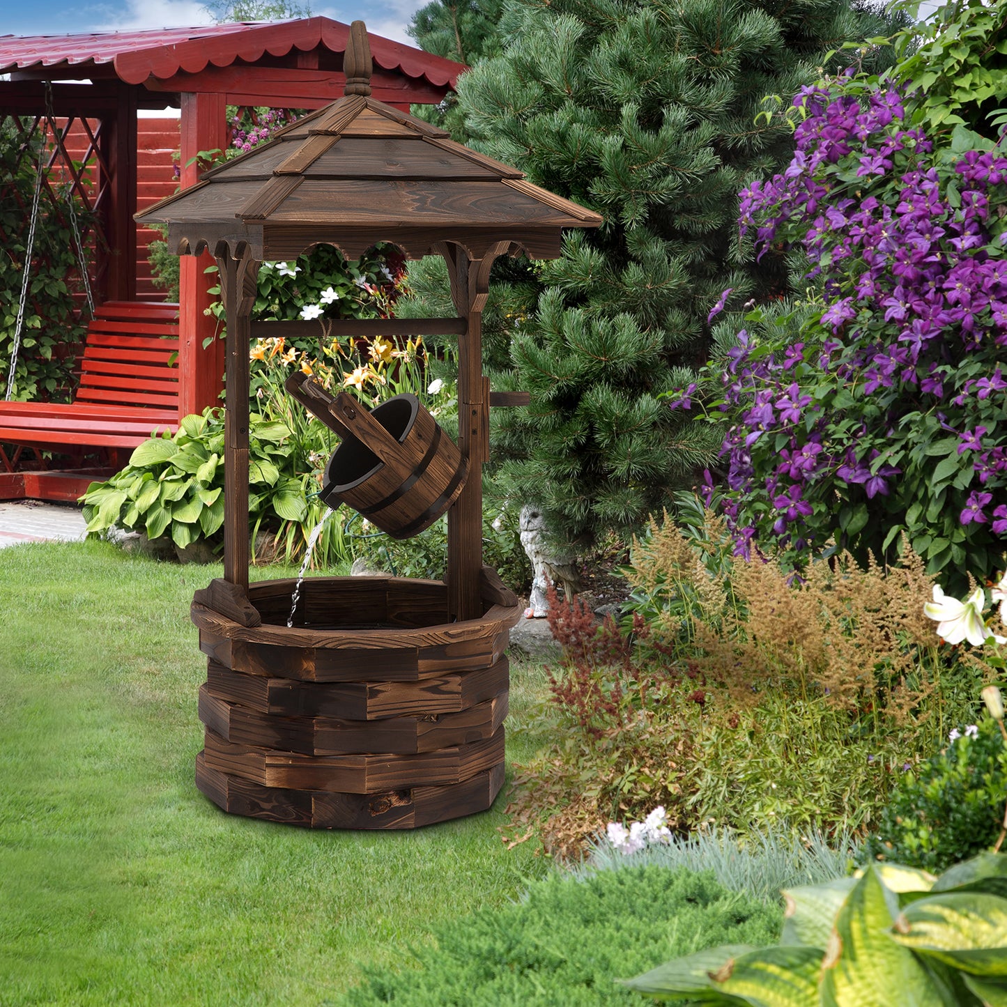 Outsunny Barrel Waterfall Fountain Rustic Wood w/Pump Garden Decor | Aosom Canada