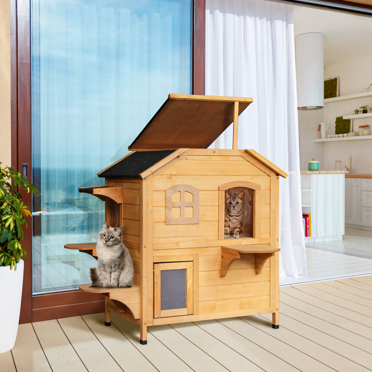 PawHut Solid Wood Cat House 2-Stories, with Indoor Lounge Space, Indoor/Outdoor, and Fun Entrances, Catio, Yellow | Aosom Canada