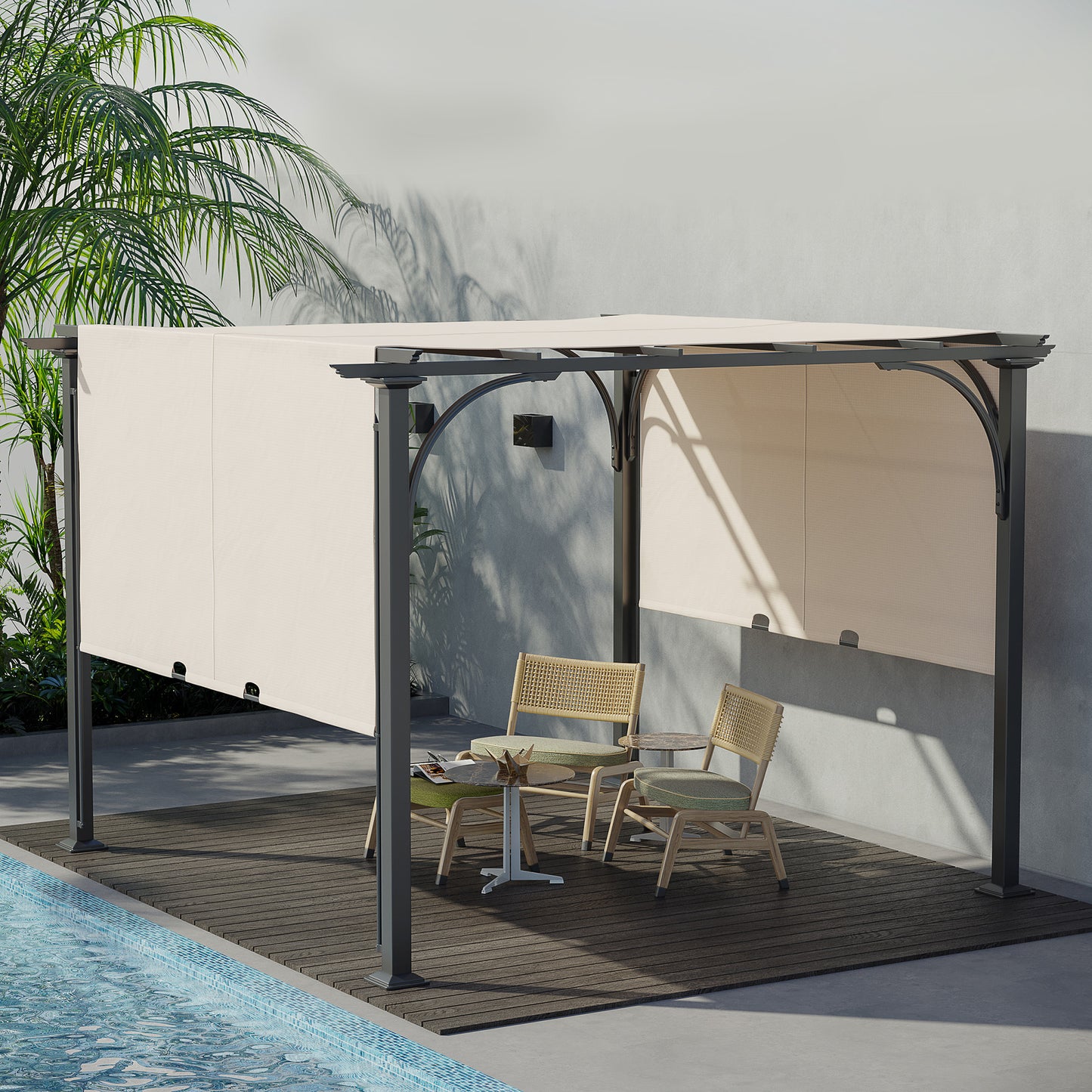 Outsunny 10' x 10' Outdoor Pergola Patio Gazebo Retractable Canopy Sun Shelter with Steel Frame, Beige | Aosom Canada