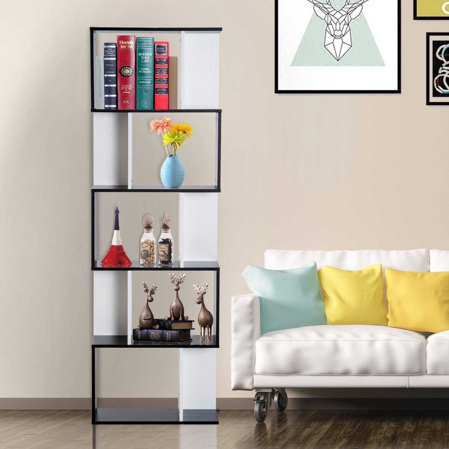 Homcom Modern S-Shape Bookshelf 5-Tire Display Unit Storage Shelf Room Divider Living Room Furniture Smooth Stable Black/White | Aosom Canada