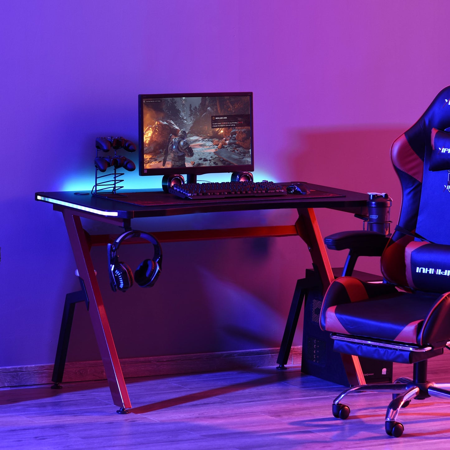 HOMCOM Gaming Desk Racing Style Home Office Ergonomic Computer Table Workstation with RGB LED Lights Hook Cup Holder & Cable Management | Aosom Canada