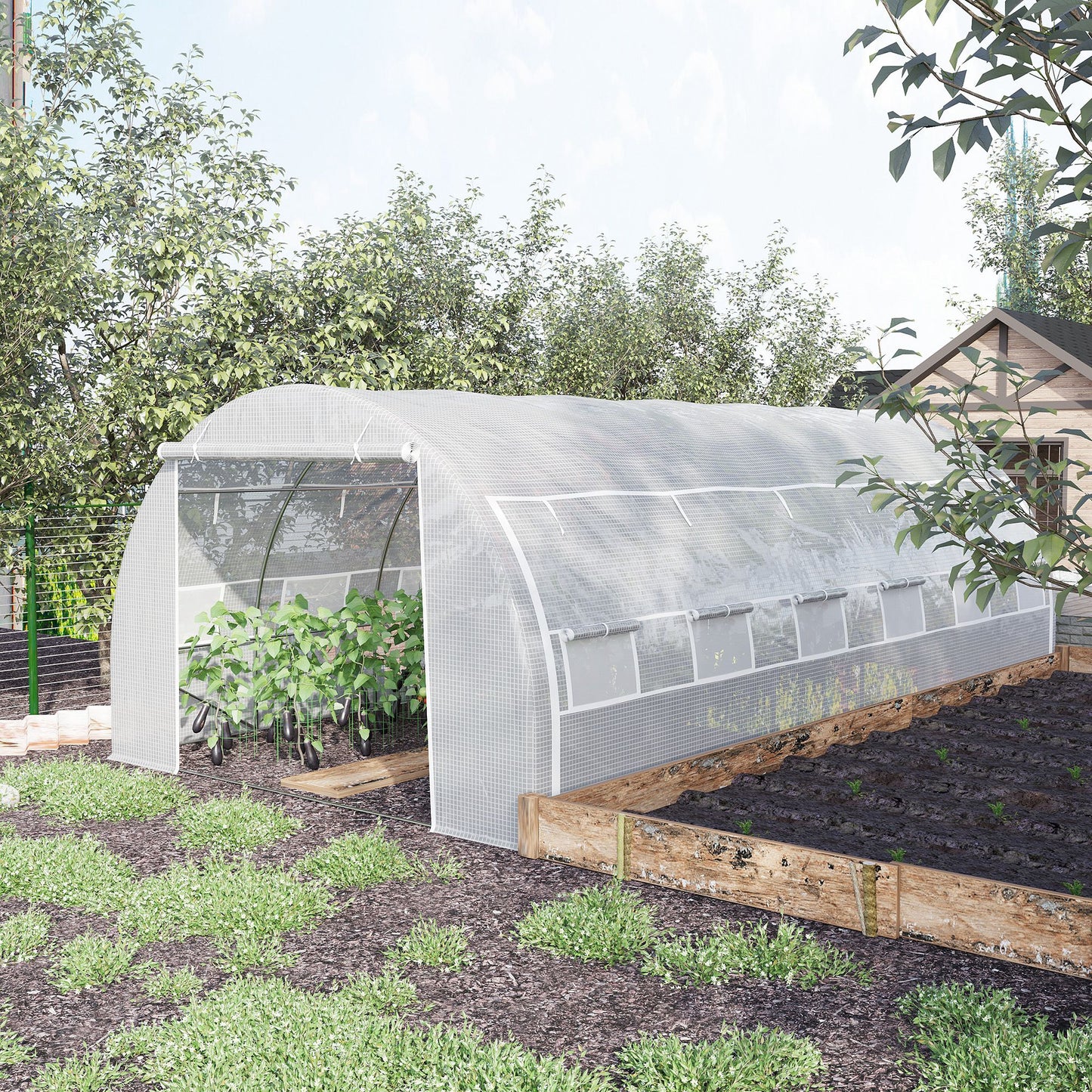 Outsunny Large Walk-in Greenhouse, 20'x10'x6' Tunnel Greenhouse with Zippered Door and 12 Roll-up Windows, White | Aosom Canada