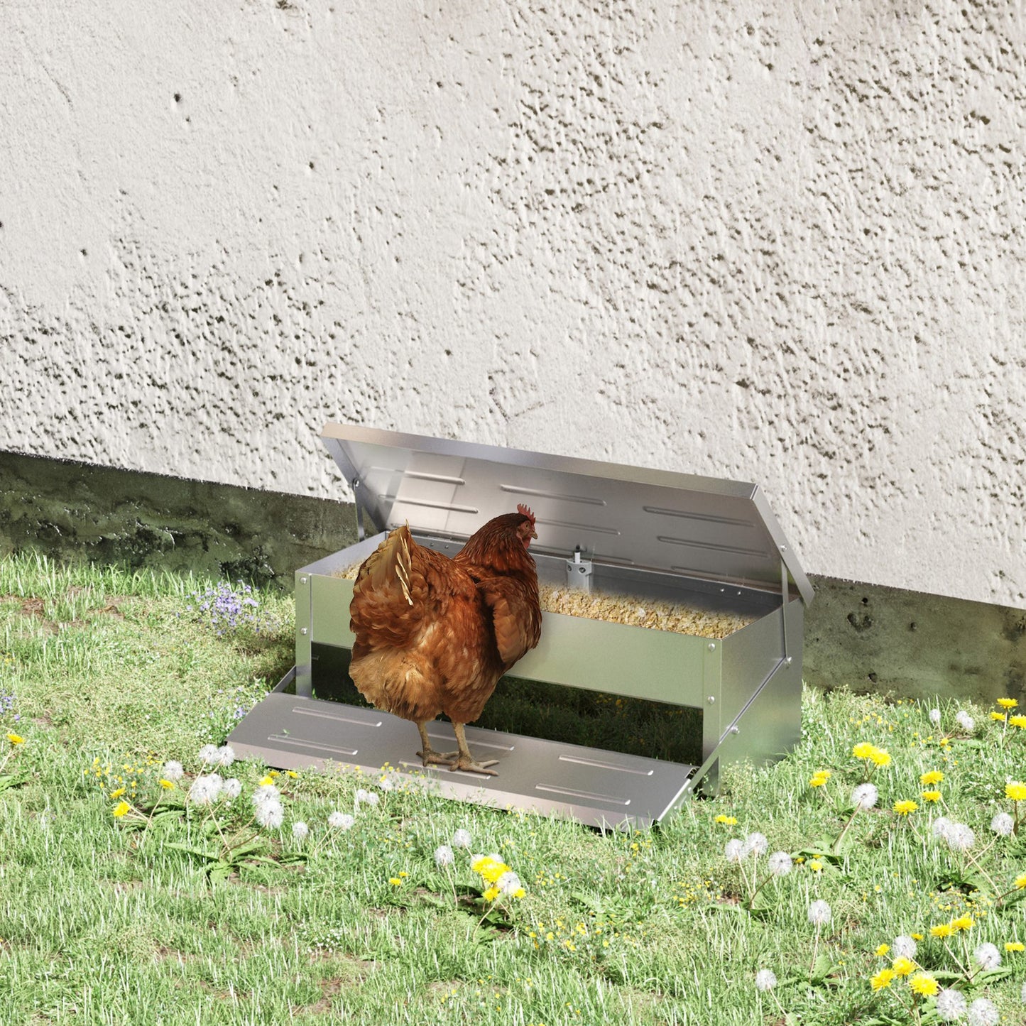 PawHut 10.6lbs Automatic Chicken Feeder Aluminum Poultry Feeders with Lid, Treadle, Rat Proof & No Spill with Weatherproof, Silver | Aosom Canada