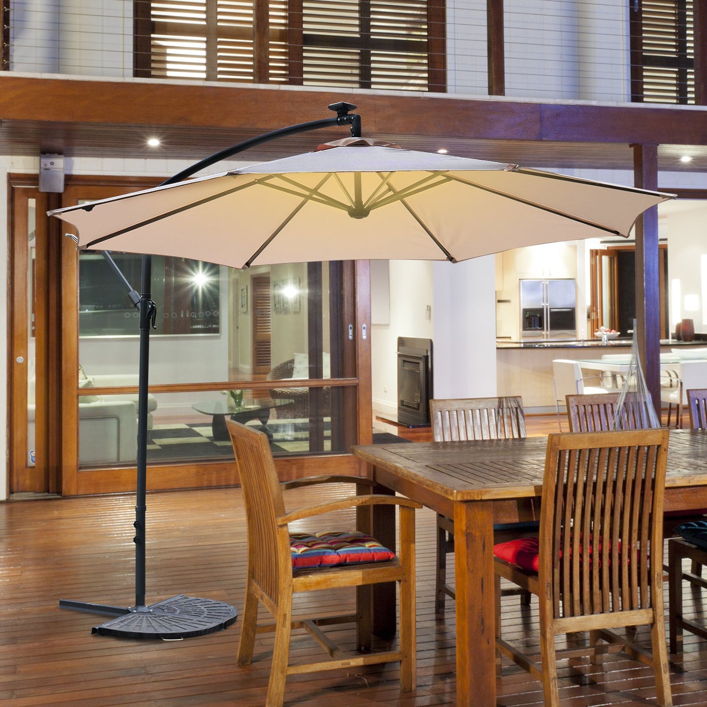 Outsunny 10ft Cantilever Solar Hanging Offset Umbrella LED Lights Crank w/ Cross Base Beige | Aosom Canada
