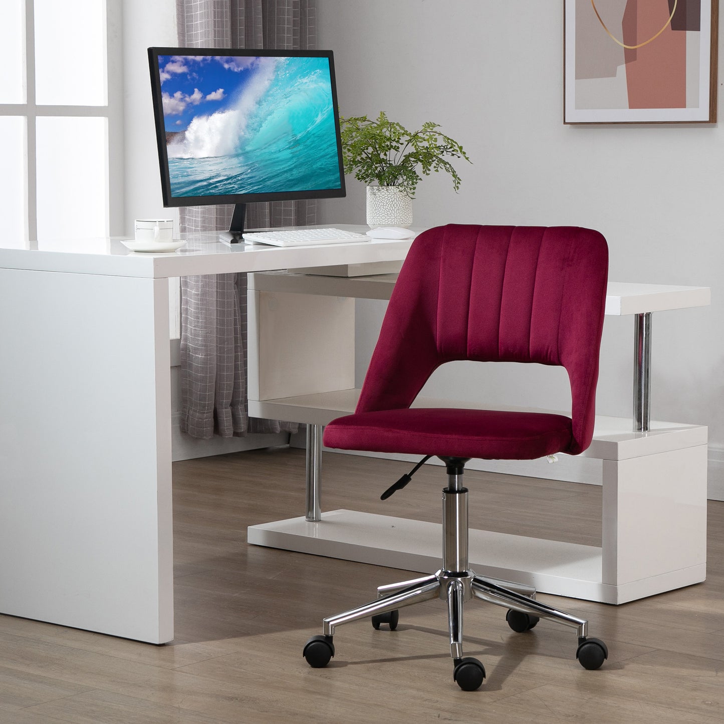 Vinsetto Mid Back Office Chair Velvet Fabric Swivel Scallop Shape Computer Desk Chair, Red | Aosom Canada