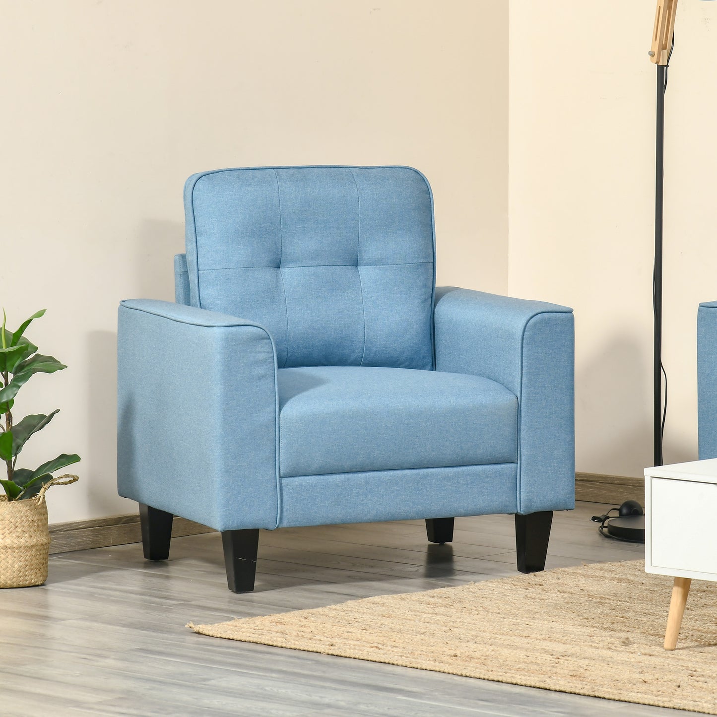 HOMCOM Button Tufted Armchair Modern Single Sofa Chair Upholstered Accent Chair with Rubber Wood Legs, Mid-Back, Light Blue w/ Legs | Aosom Canada