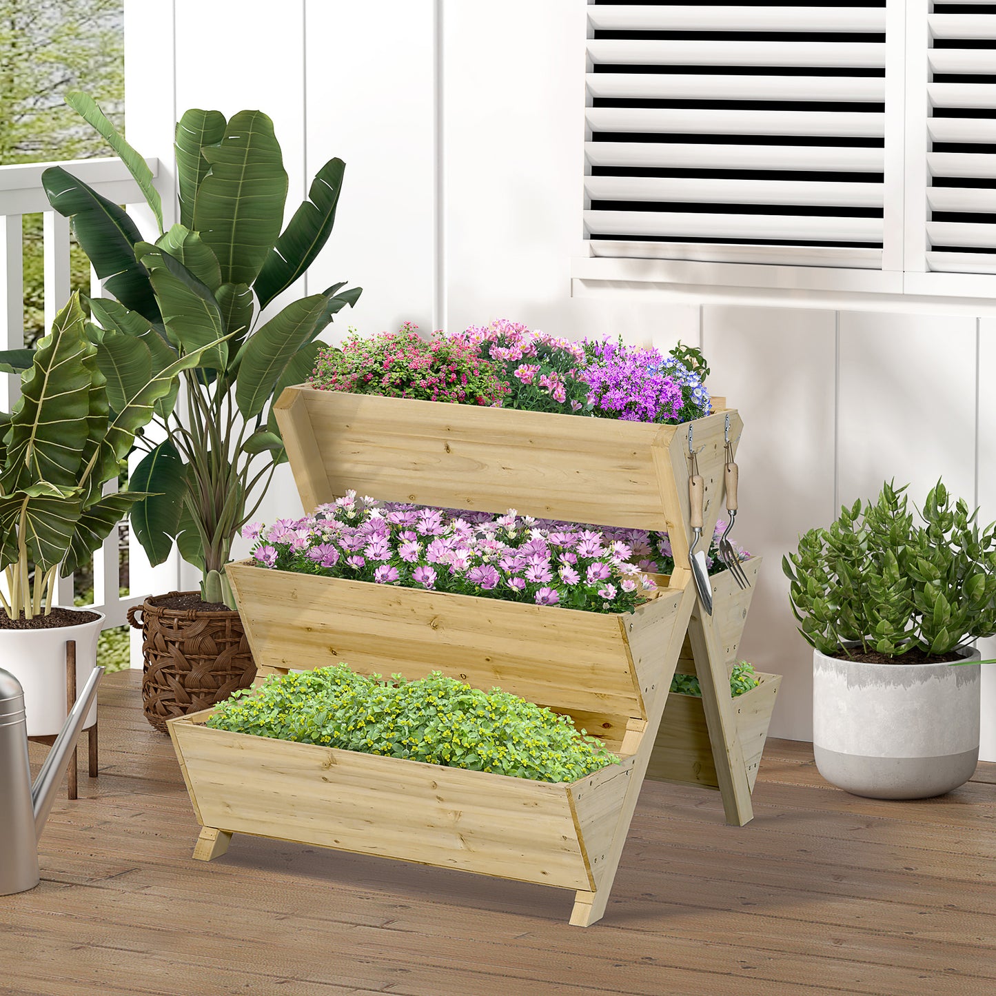 Outsunny Raised Garden Bed Wood, Freestanding Planter Stand with 5 Planting Boxes and 4 Hooks, Good for Herbs, Flowers | Aosom Canada