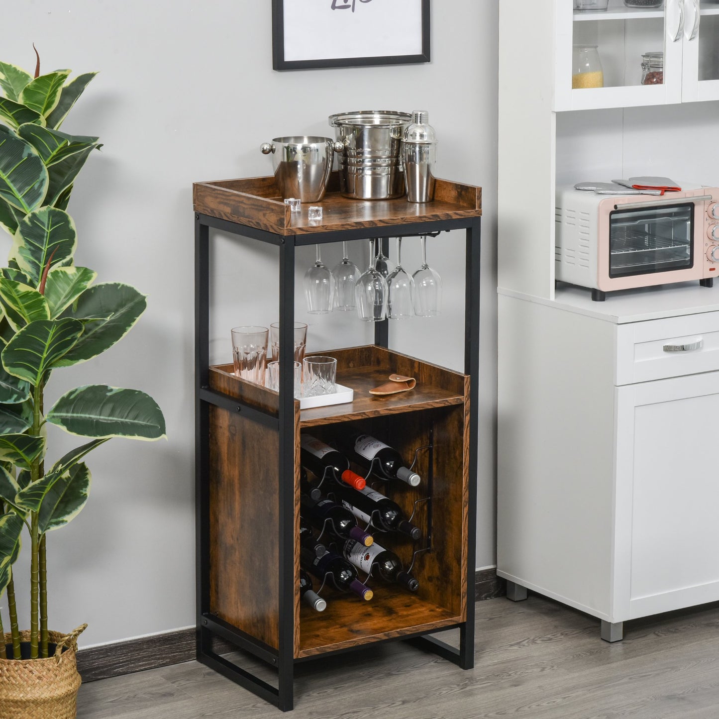 HOMCOM Retro Industrial 9-bottle Wine Rack Storage Cabinet Serving Bar Wood Buffet with Glass Holders | Aosom Canada