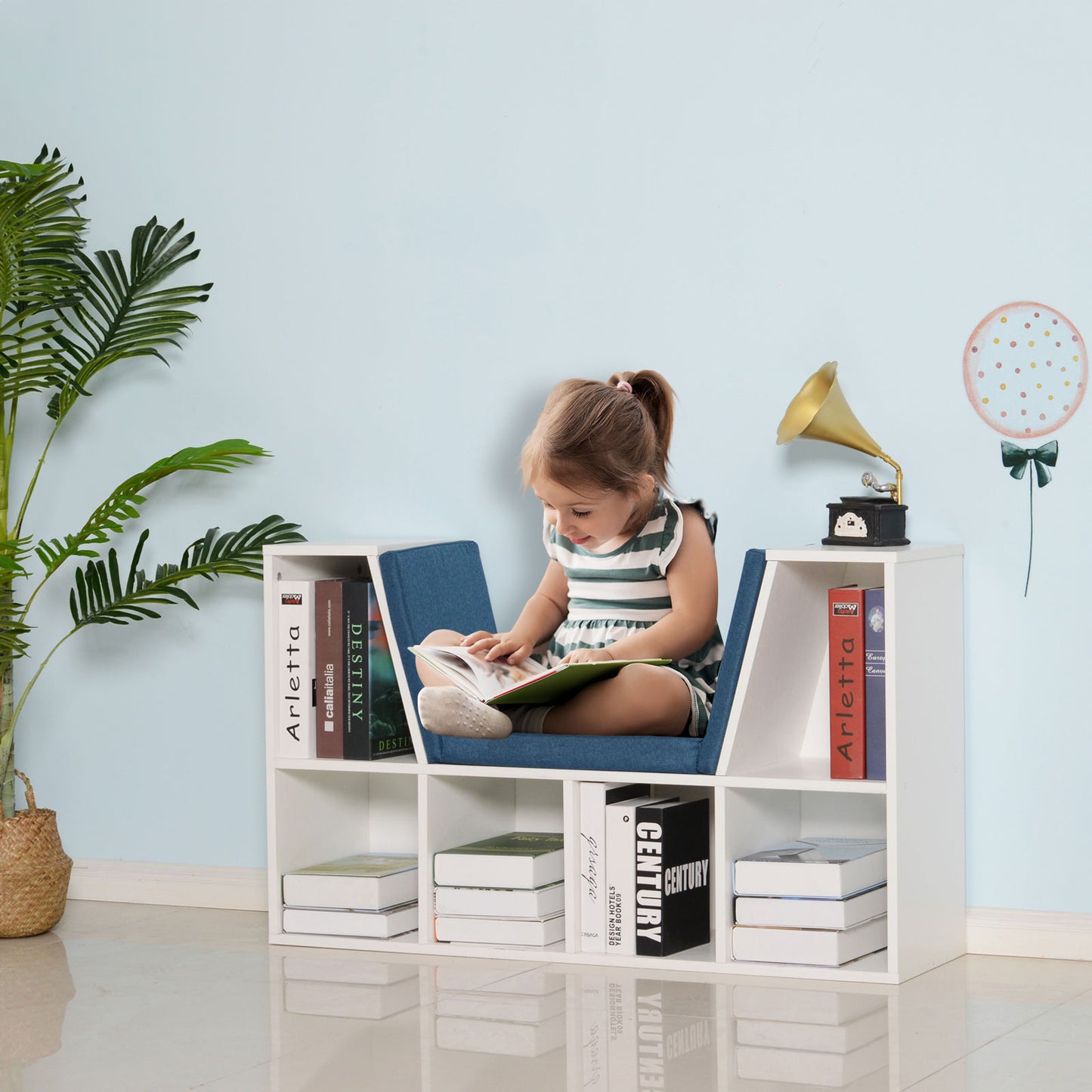 Homcom 6-Cubby Kids Bookcase Kids Storage W/ Cushioned Storage Organizer Cabinet Shelf Children White Blue | Aosom Canada