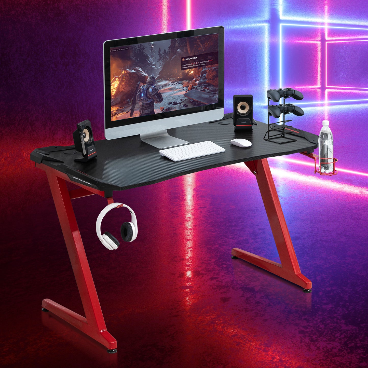 HOMCOM 48" Gaming Desk, Home Office Computer Writing Table with Large Workstation, Cup Holder, Headphone Rack, Black and Red | Aosom Canada