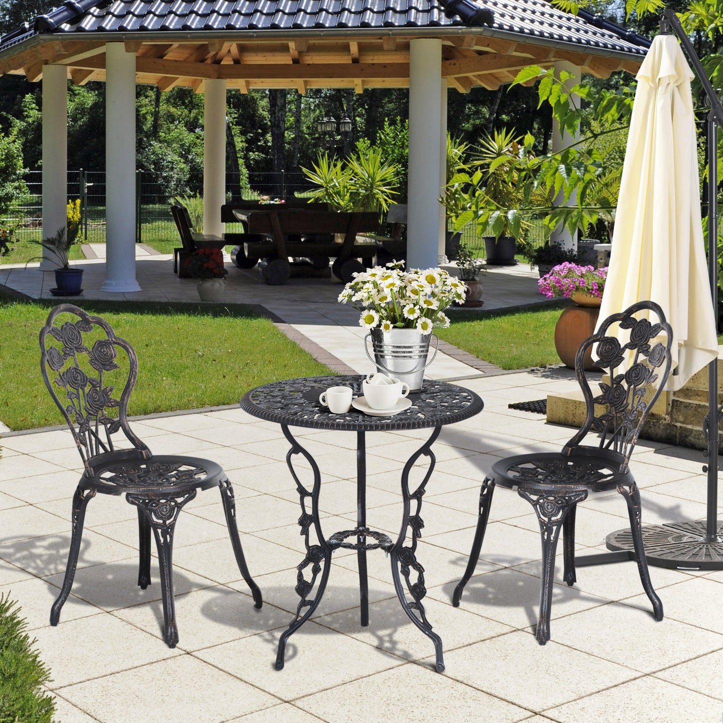 Outsunny 3PCs Patio Bistro Set, Outdoor Cast Aluminum Garden Table and Chairs with Umbrella Hole for Balcony, Bronze | Aosom Canada