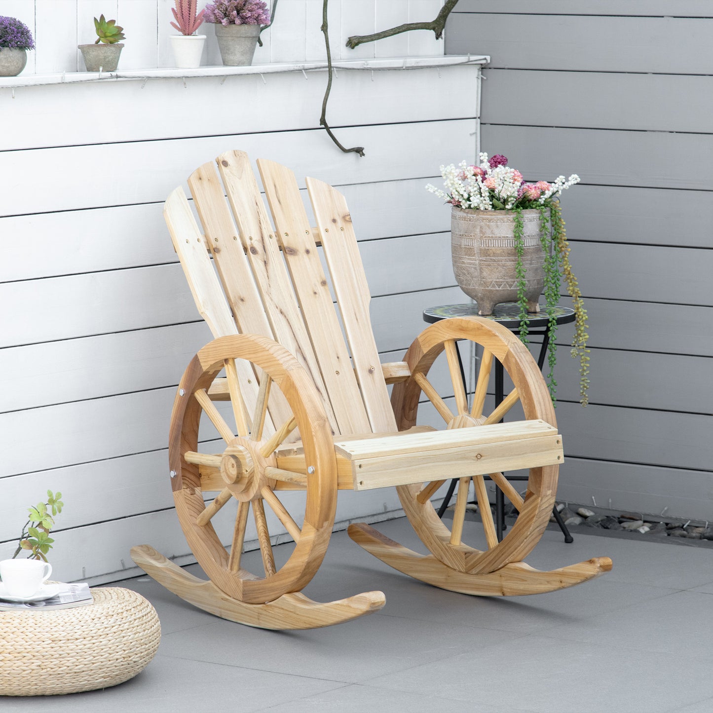 Outsunny Outdoor Adirondack Rocking Chair with Slatted Design and Oversize Back for Porch, Poolside, or Garden Lounging, Natural | Aosom Canada