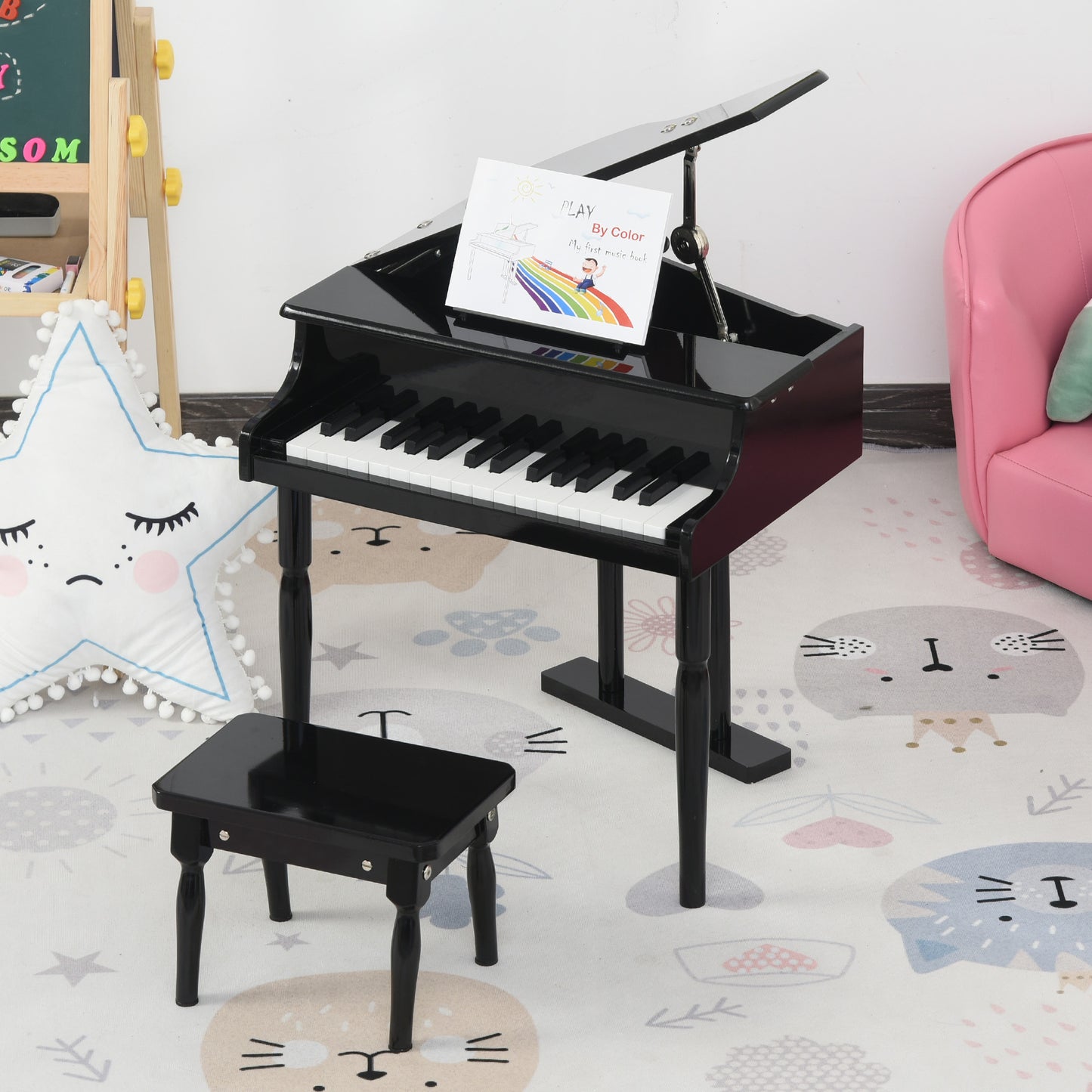 HOMCOM Modern Kids Piano 30 Keys Set of 2 Mini Toy for Child Grand Piano with Music Stand and Bench Best Gifts Black | Aosom Canada