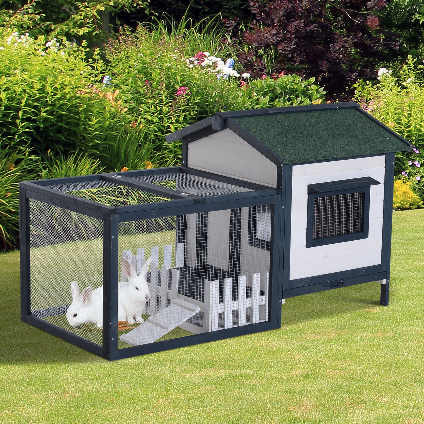 Pawhut 59" Wooden Rabbit House Indoor Space Hutch Bunny Cage Pet House Chicken Coop Poultry w/ Fence Run Green/White | Aosom Canada
