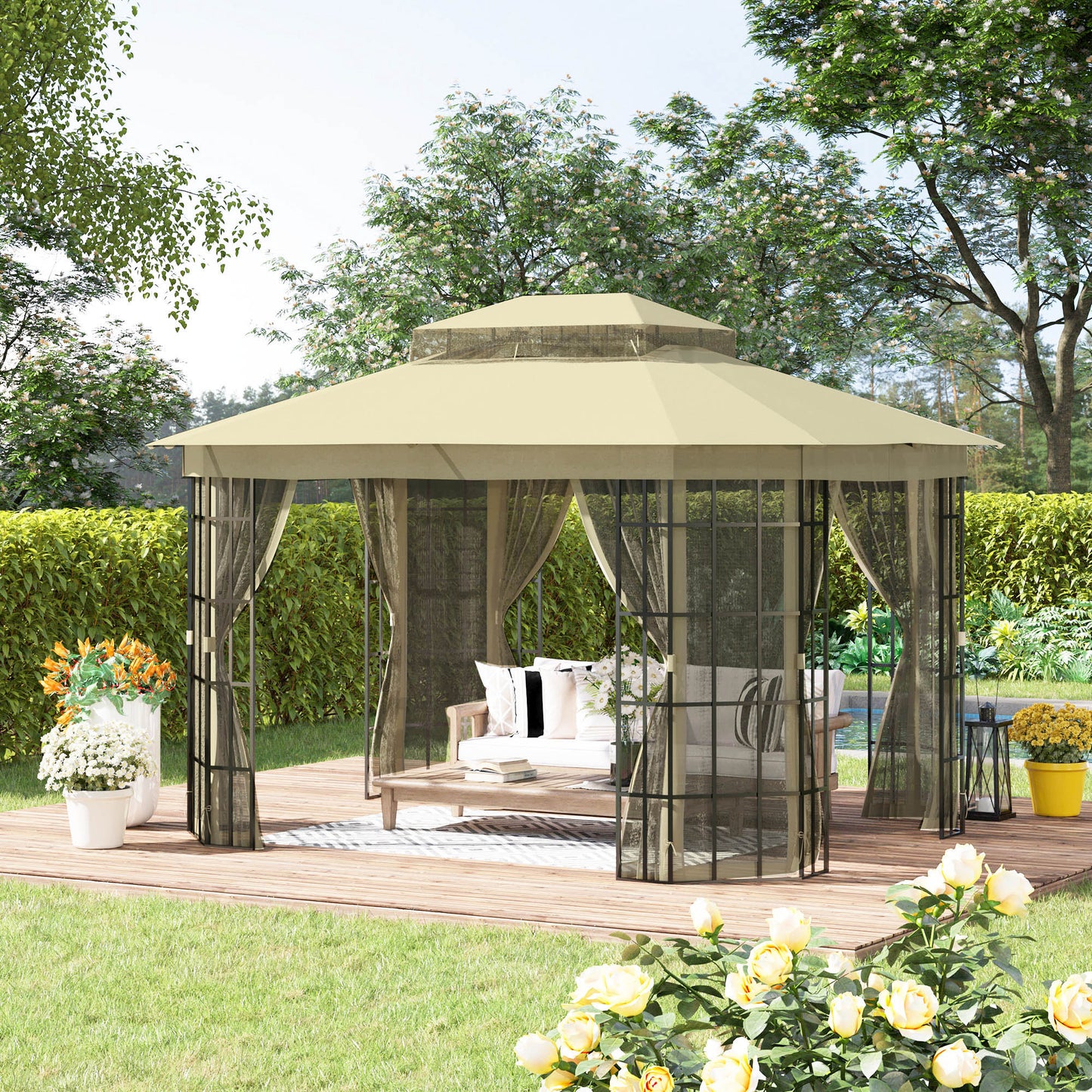 Outsunny 12'x10' Patio Gazebo Outdoor Canopy Shelter with Double Vented Roof, Mosquito Netting and Steel Frame, Beige | Aosom Canada