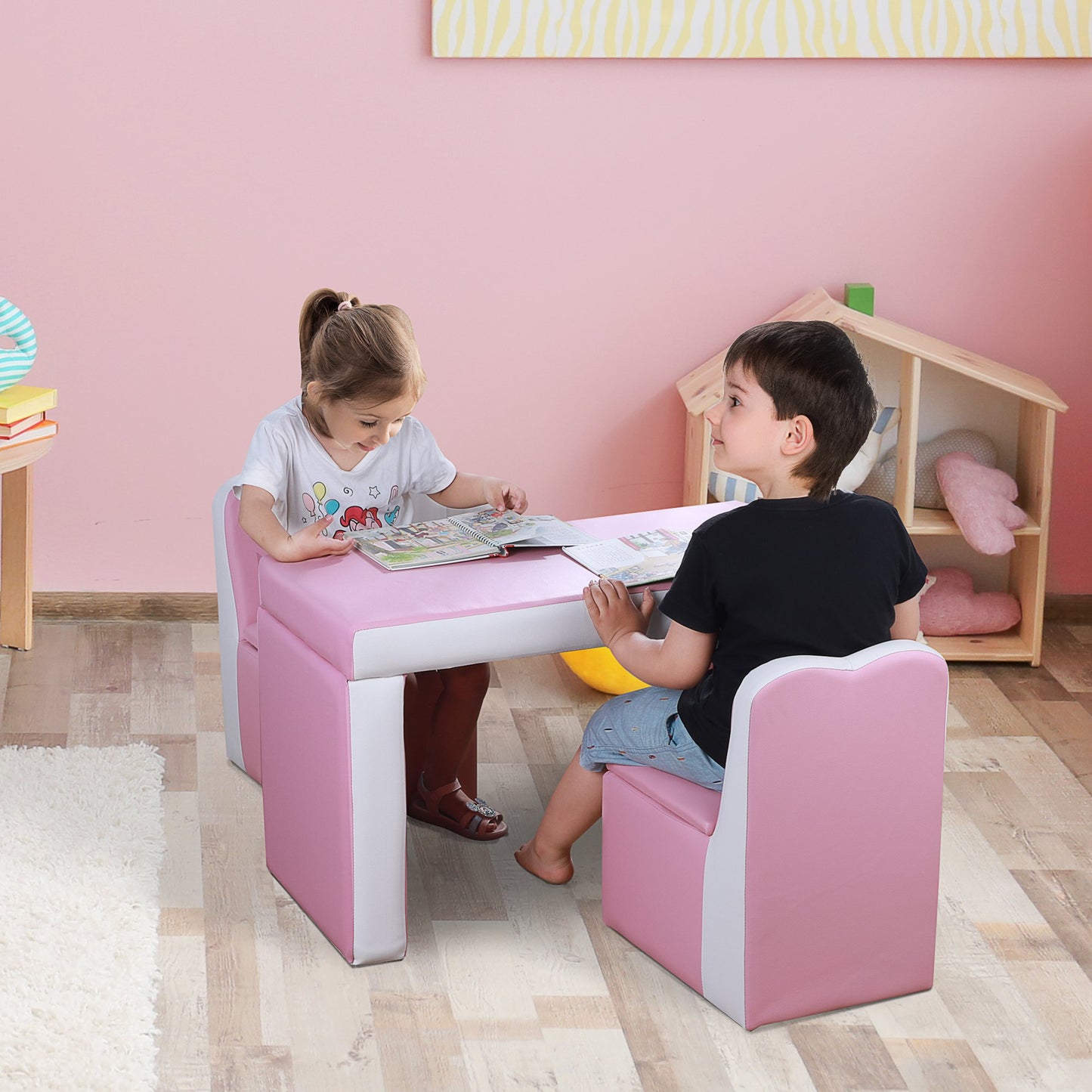 Qaba Kids Sofa 2-in-1 Multi-Functional Table Chair Set 2 Seat Couch Storage Box Soft Sturdy Pink | Aosom Canada