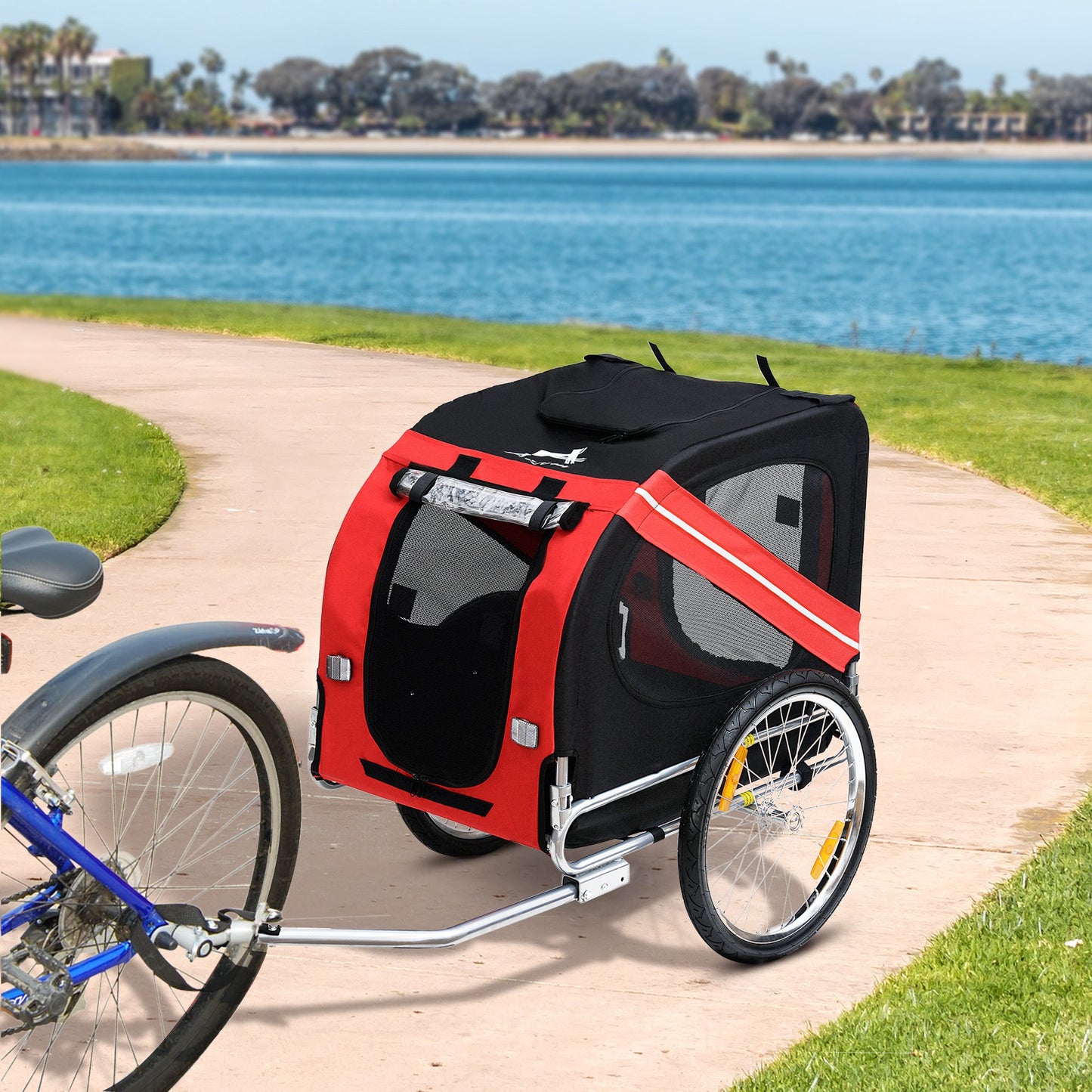 PawHut Dog Bike Trailer Pet Cart Bicycle Wagon Carrier Attachment for Travel with 3 Entrances Large Wheels for Off-Road & Mesh Screen | Aosom Canada