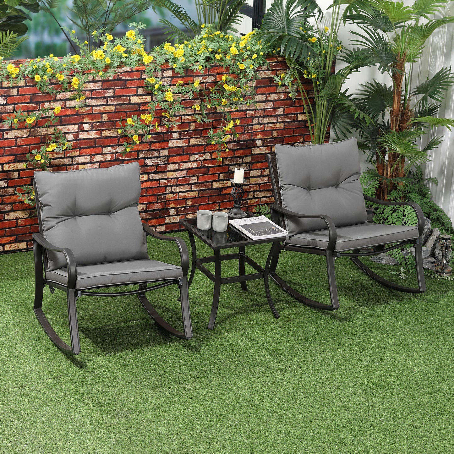 Outsunny 3 Pieces Rocking Chairs Table Set, Outdoor Furniture with 2 Rockers 1 Coffee Table, Padded Cushion Steel Frame, Charcoal Grey | Aosom Canada