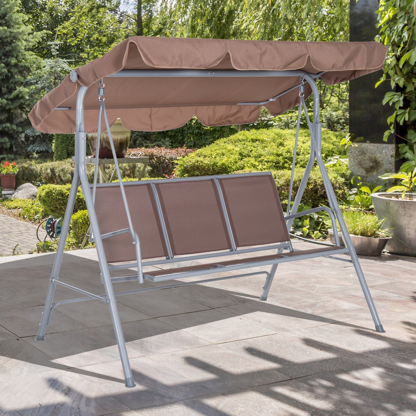 Outsunny A Frame 3-Seater Outdoor Swing Chair Garden Hammock Porch Glider Bed Sling Seat w/ Canopy Cover Brown | Aosom Canada