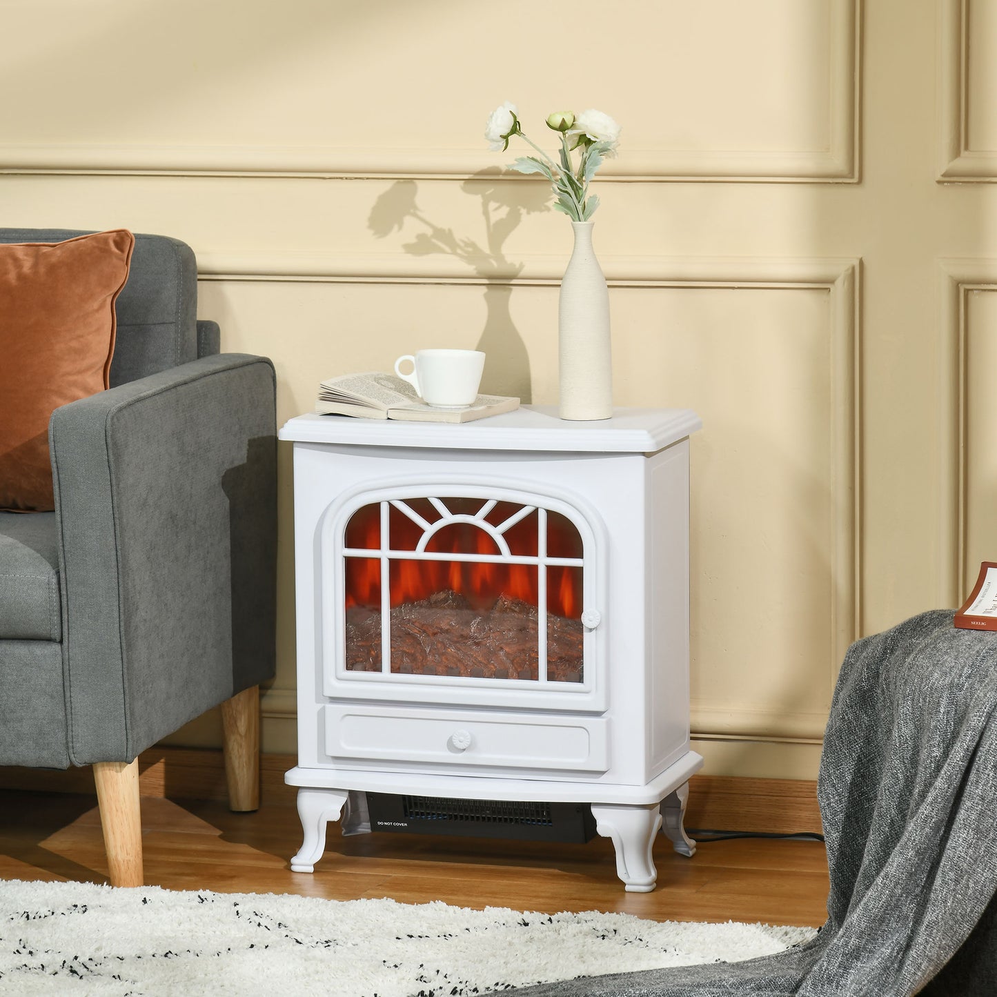 HOMCOM Freestanding Electric Fireplace Heater with Realistic Flame Effect and Adjustable Temperature, Overheat Safety Protection, White | Aosom Canada