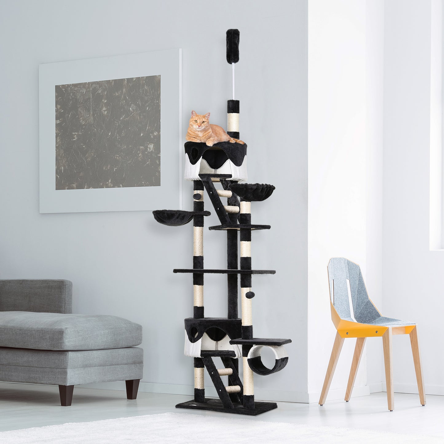 Pawhut Best Cat Tree For Large Cats 94"-102" Ceiling High Cat Condo Scratching Post Activity Center Multi-Level Play House White | Aosom Canada