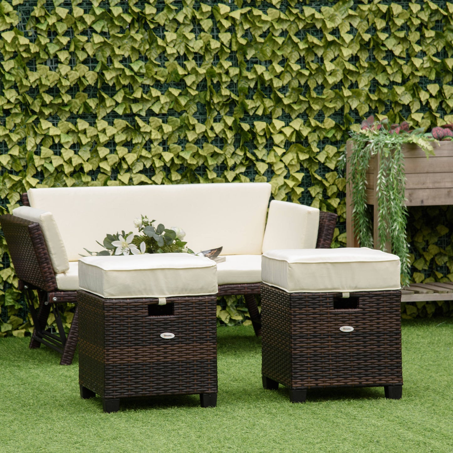 Outsunny 2 PCS Patio Wicker Ottoman Set, Two Square Outdoor PE Rattan Footrest with Removable Cushion, Freely Combined Furniture, Beige | Aosom Canada