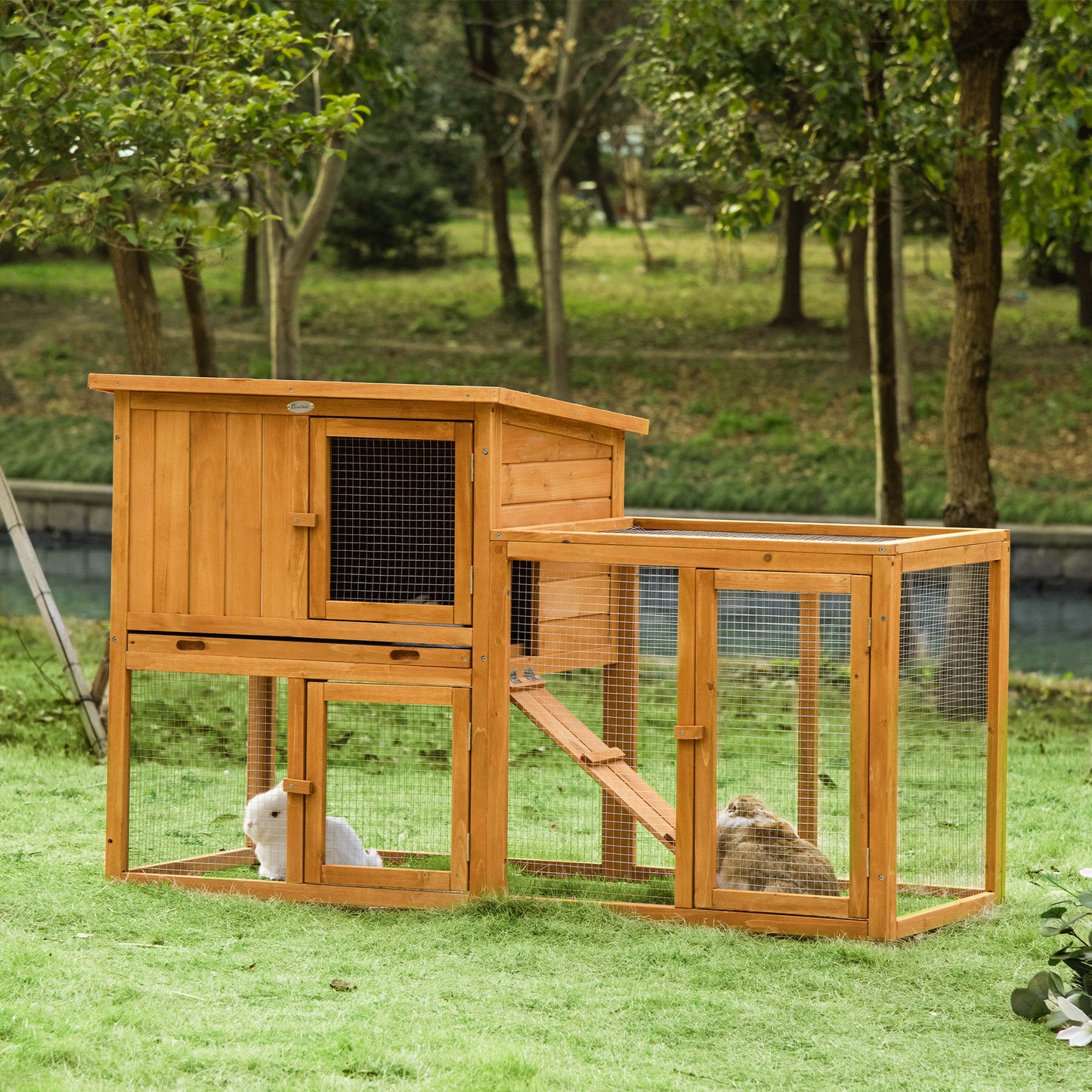 PawHut 55.5" Wooden Rabbit Hutch 2 Tier Bunny House Pet Playpen Enclosure for Indoor Outdoor with Openable Roof, Orange | Aosom Canada
