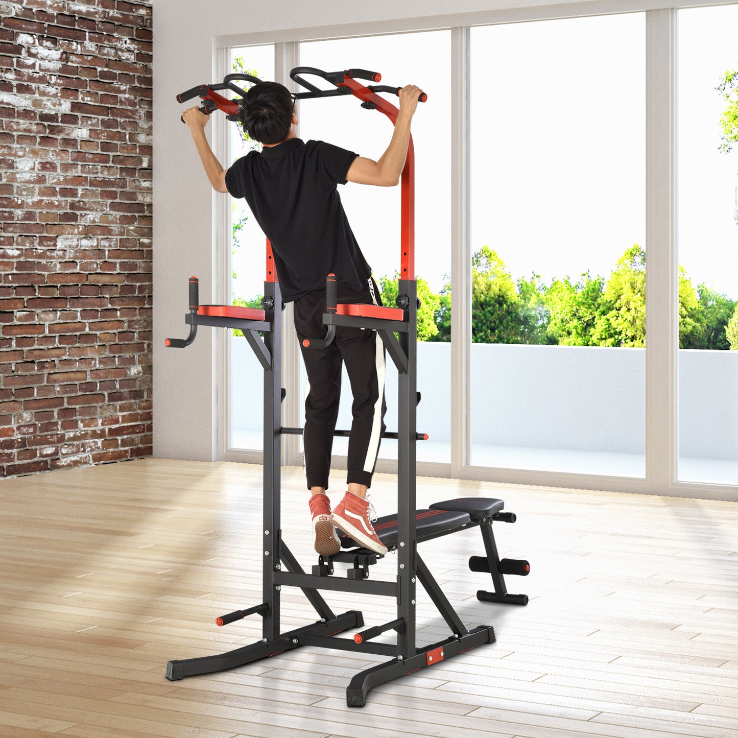 Soozier Pull Up Bar Station Power Tower for Home Gym Traning Workout Equipment With Sit Up Bench | Aosom Canada