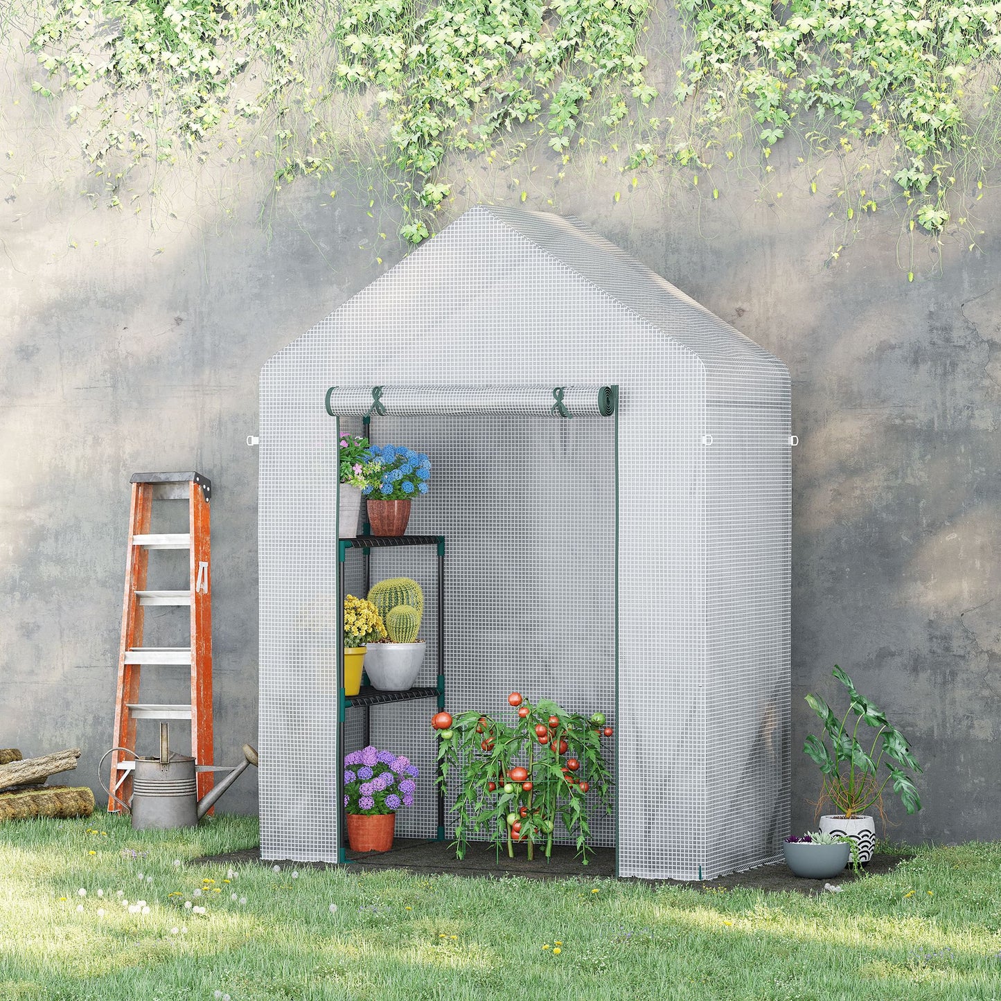 Outsunny 56"x29" Greenhouse for Outdoor, Portable Gardening Plant Hot House with 2-Tier Shelf, Roll-Up Zippered Door, PE Cover, Green | Aosom Canada