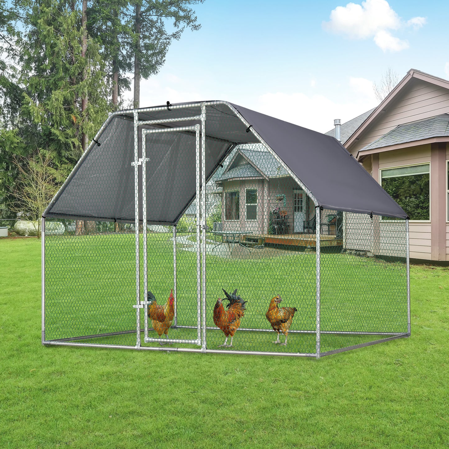 PawHut 75" Chicken Coop Galvanized Hen House Pen Outdoor Backyard Enclosure With UV-Protection Water-Resistant Cover | Aosom Canada