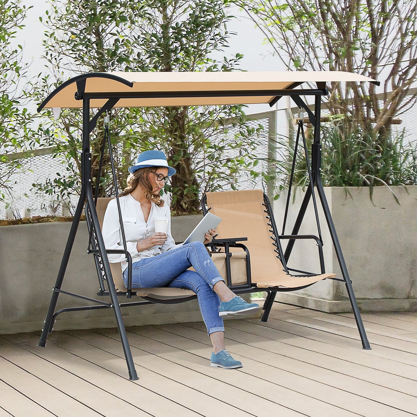 Outsunny 2 Person Covered Porch Swing with Pivot Storage Table, Cup Holder, & Adjustable Overhead Canopy, Beige | Aosom Canada