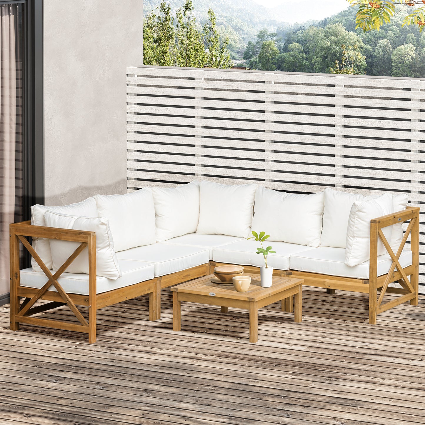 Outsunny 6-Piece Wooden Patio Sofa Sectional Set with 5 Sofas, 1 Coffee Table, 5 Cushions & 8 Pillows, Cream White | Aosom Canada