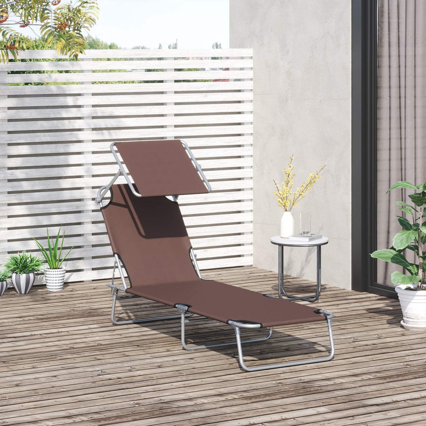 Outsunny Reclining Chair Folding Adjustable w/ Sun Shade(Brown) | Aosom Canada