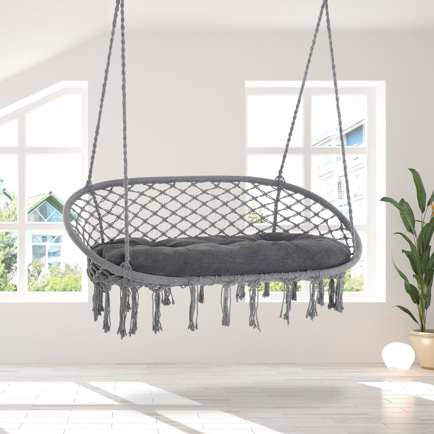 Outsunny Hammock Chair Hanging Rope Swing with Metal Frame and Cushion, Large Macrame Seat for Indoor and Outdoor, Dark Grey | Aosom Canada