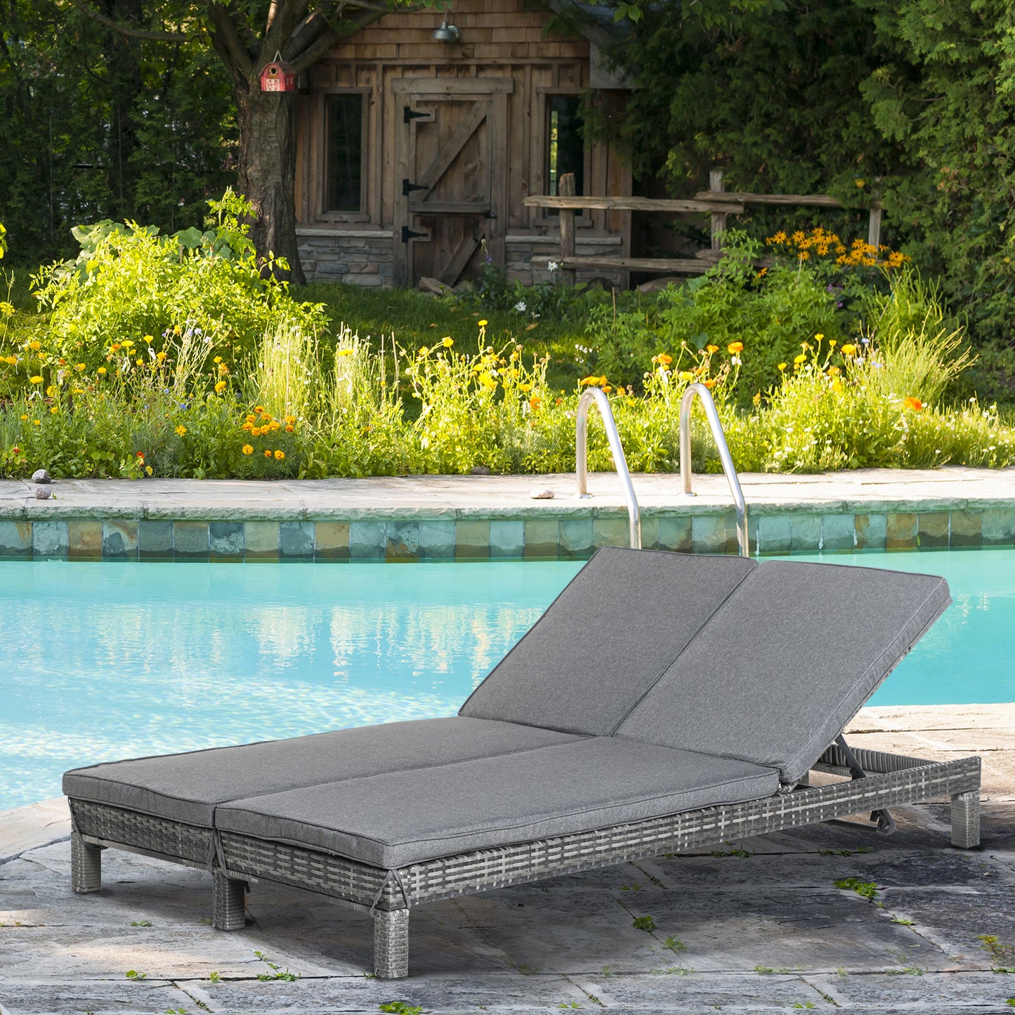Outsunny Outdoor 2 Seater Double Rattan Sun Lounger Companion Reclining Recliner Wicker Weave Patio Furniture Cushioned, Grey | Aosom Canada