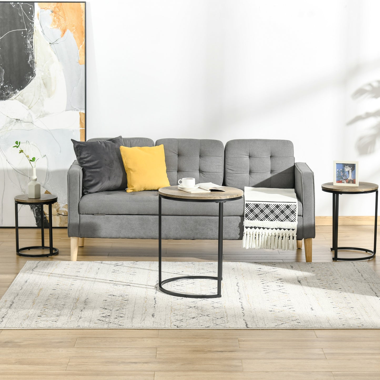 HOMCOM Round Nesting Coffee Tables, Set of 3, Modern Stacking Side Tables with Wood Grain Steel Frame for Living Room, Brown | Aosom Canada