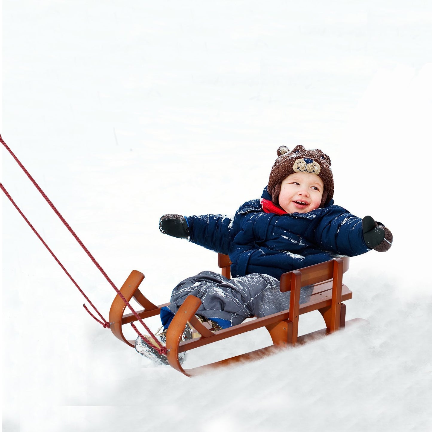 Soozier Children Snow Sled Wooden Sledge Ski Sliding Snowmobile Baby Sleigh | Aosom Canada