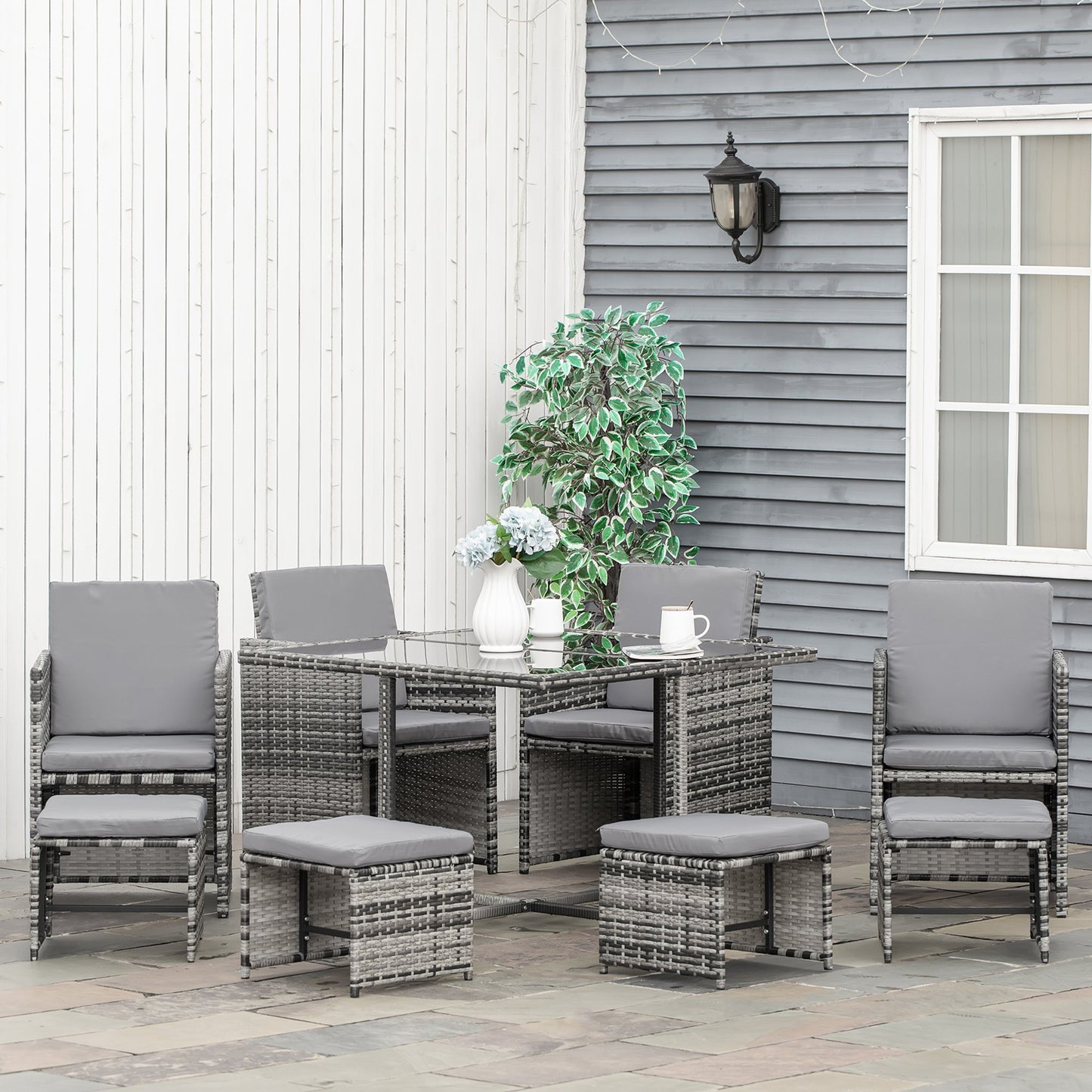 Outsunny 9 Piece Patio Wicker Dining Set Rattan Garden Sectional Sofa Outdoor Space-Saving Armchair & Ottoman Furniture Sets, Grey | Aosom Canada